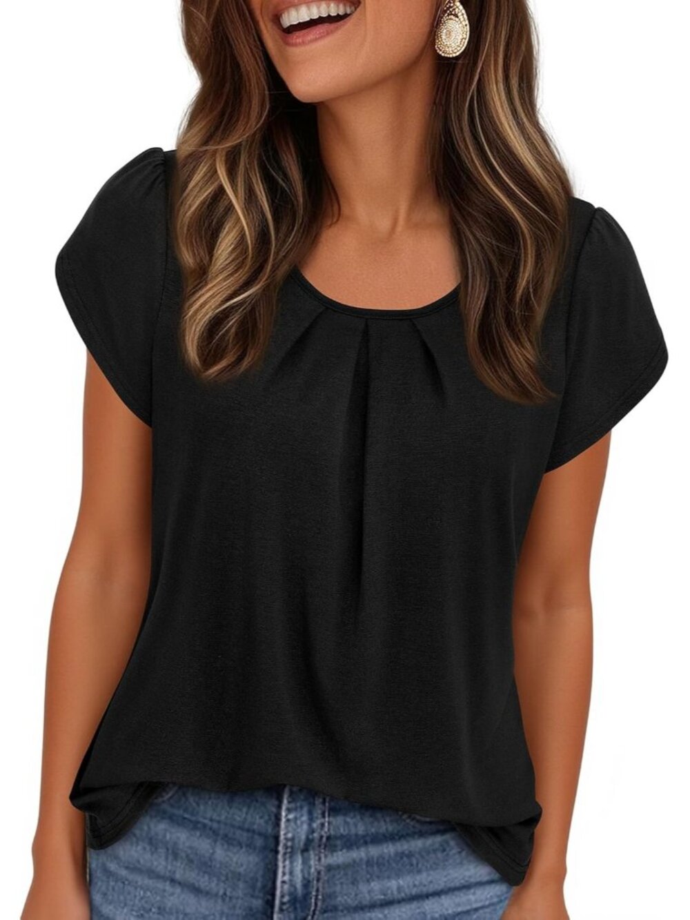 Women's Black Short Sleeve Pull On Crew Neck Casual Tops Imported T Shirts